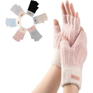 Women's Pink Half Finger Fingerless Knitted Fall Winter Warm Mittens Gloves